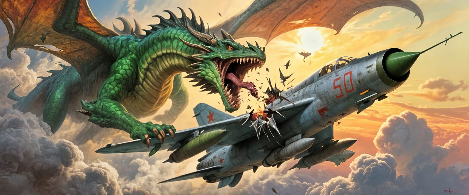 Colossal Dragon Devours MiG-21 Jet in Epic Fantasy Art