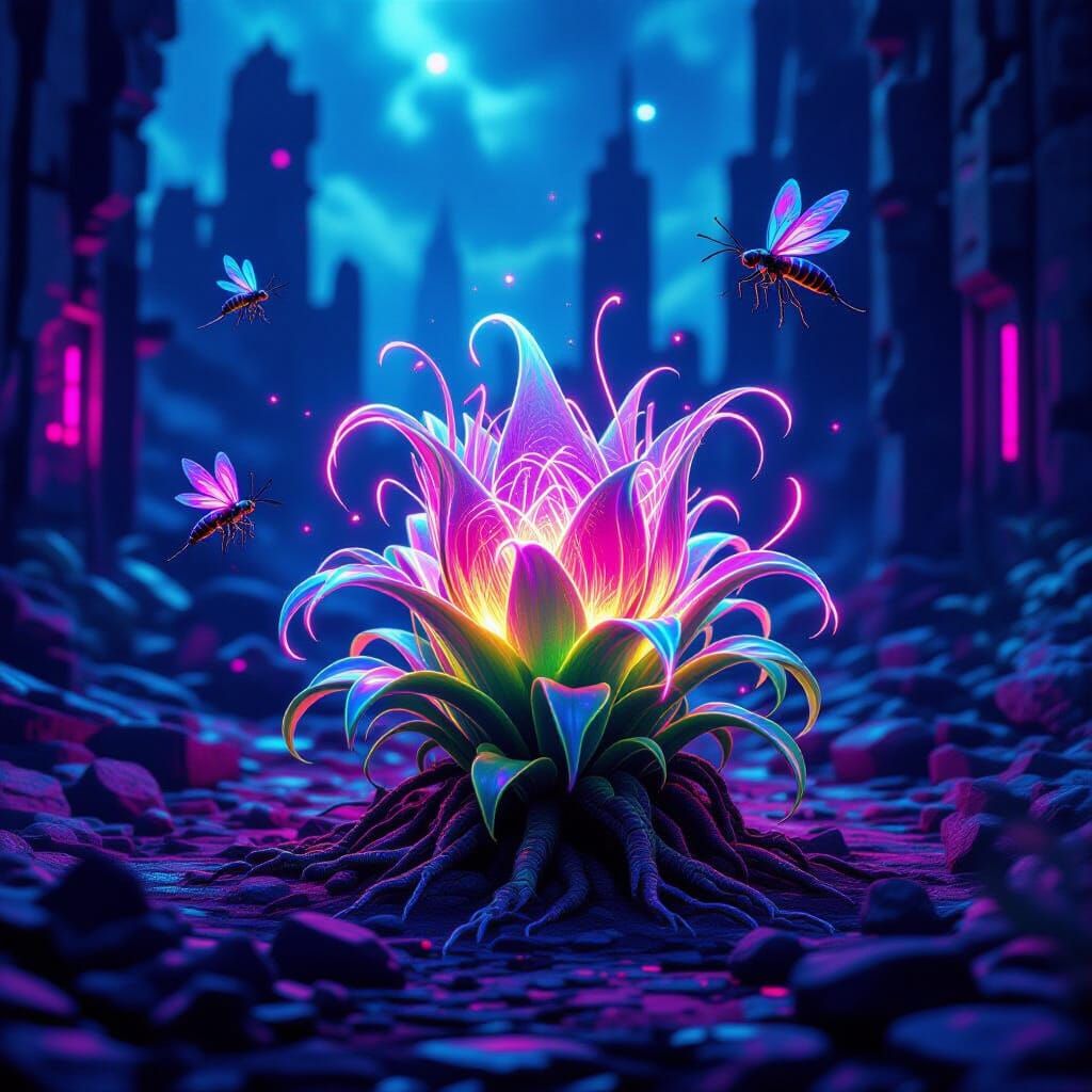 Bioluminescent Carnivorous Plant in Alien City Ruins