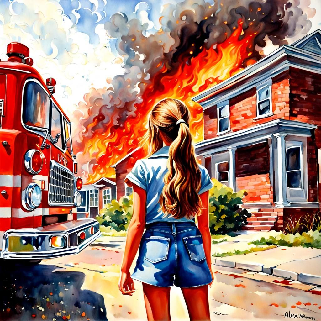 Girl and House Fire: Watercolor Painting