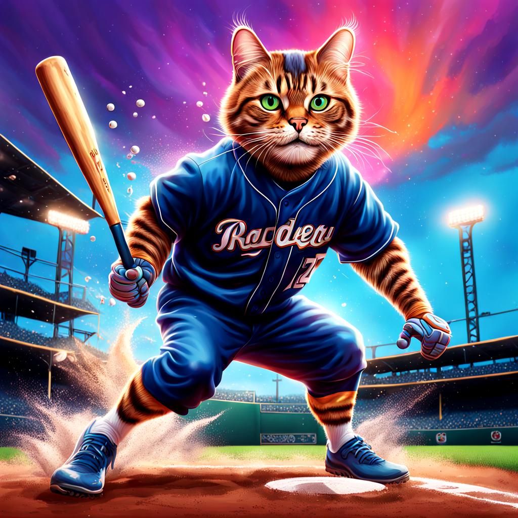 Cool Cat Baseball Player Hitting Homerun