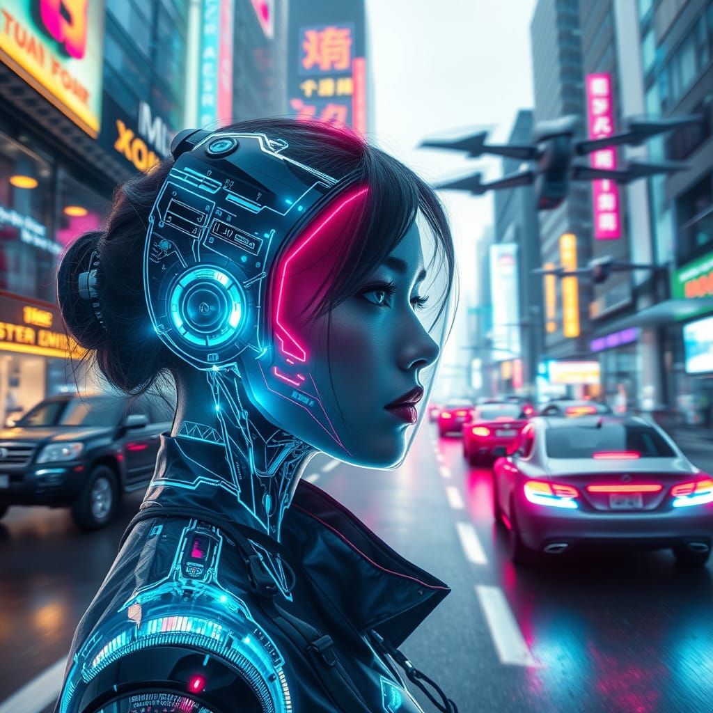Ethereal Futuristic Cityscape with Neon Hologram Woman