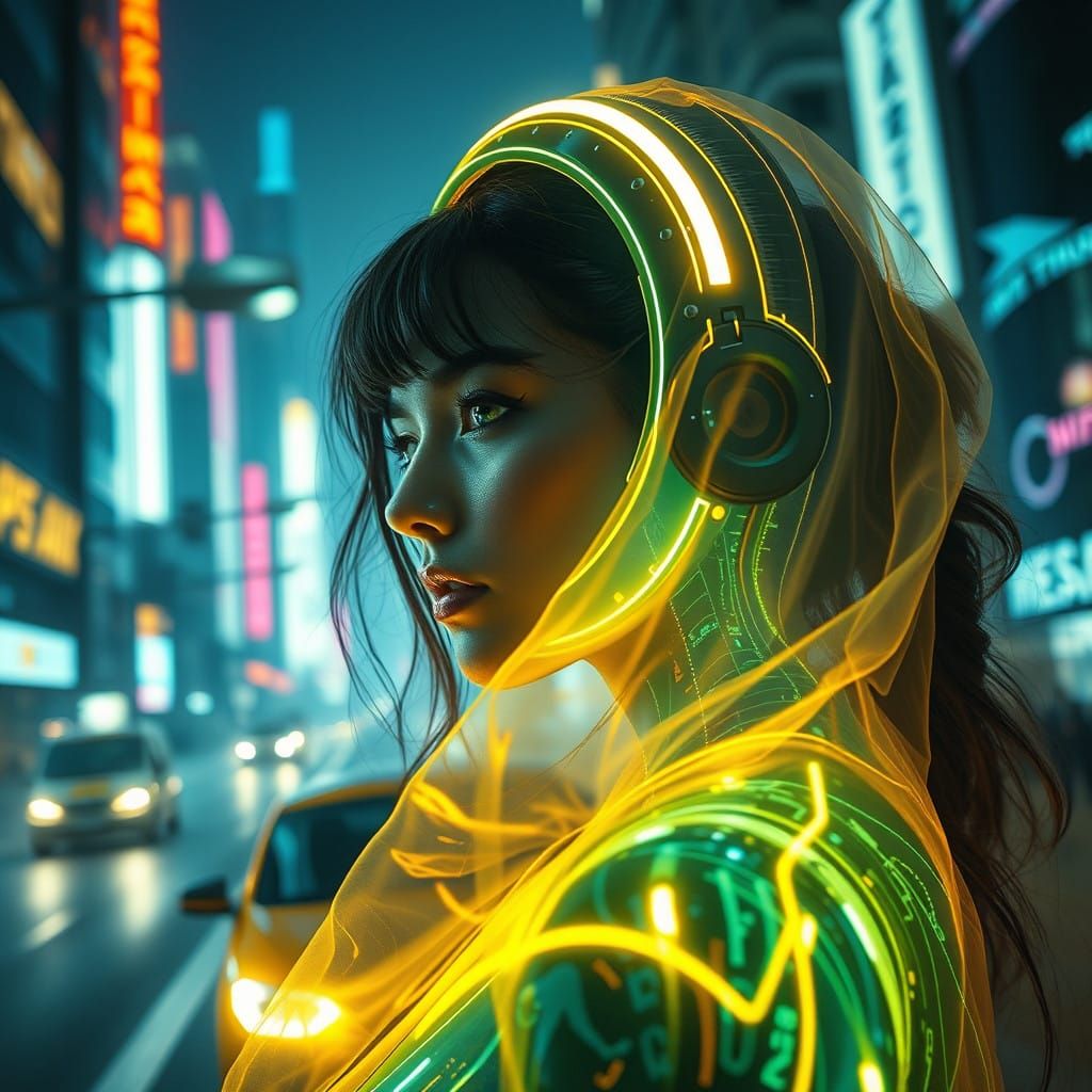 Cyberpunk Cityscape with Holographic Woman
