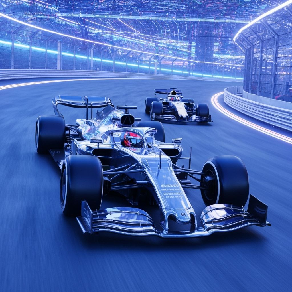Futuristic Formula 1 Cars Race on Neon Alien Track