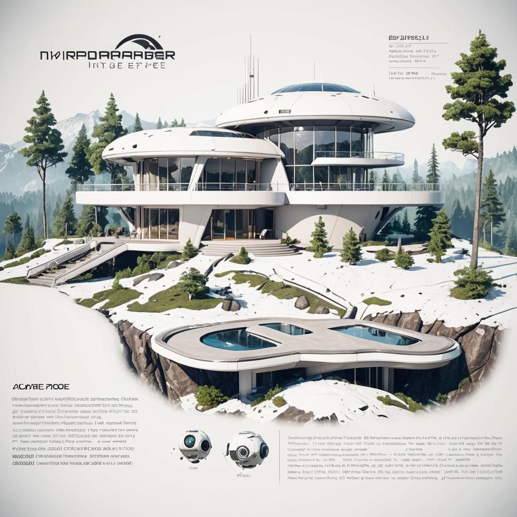 modern space age home in the mountains, surrounded by lush f...