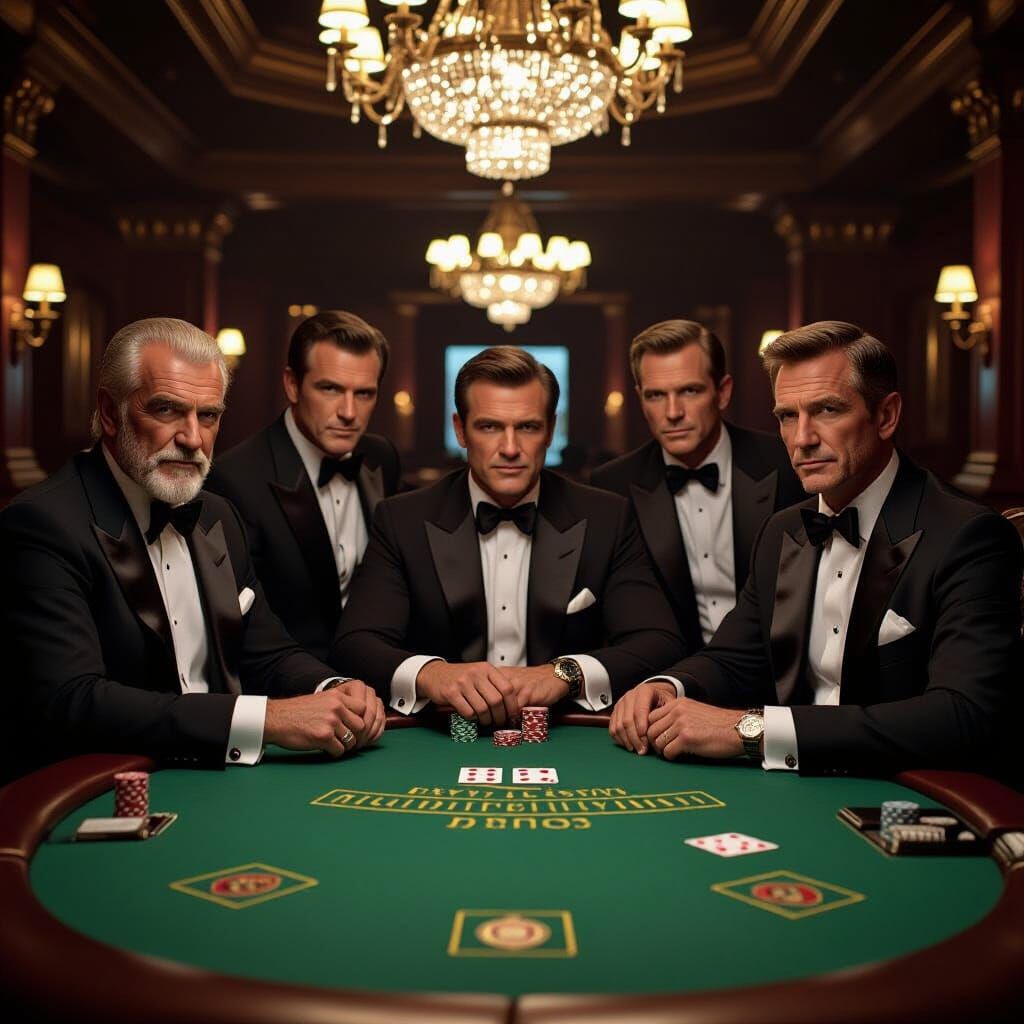 Bond Actors Gather in Opulent Casino: Cinematic Aesthetic