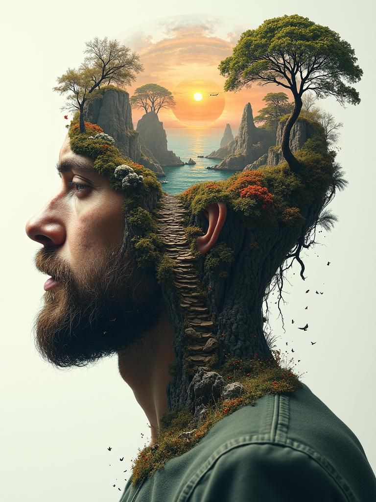 Surreal Double Exposure Landscape of a Man's Mindscape