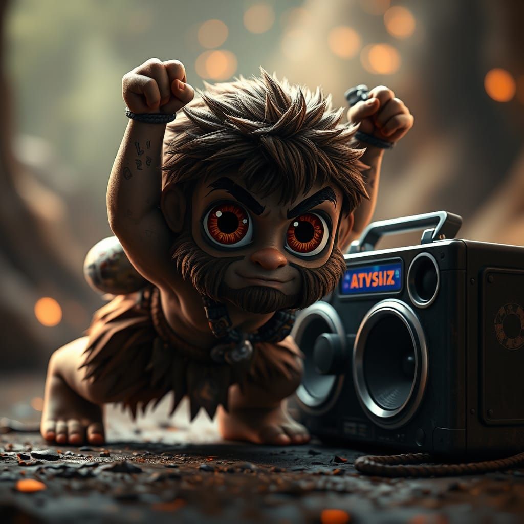 Chibi Caveman doing dancing beside a boombox