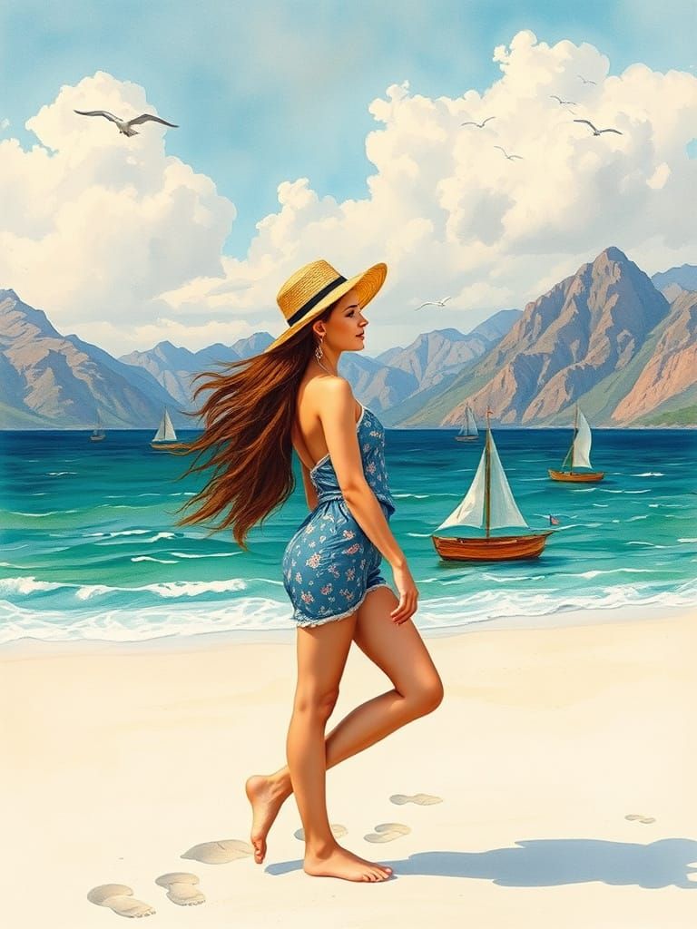 Victorian Lady on Beach, Van Gogh Style Watercolor