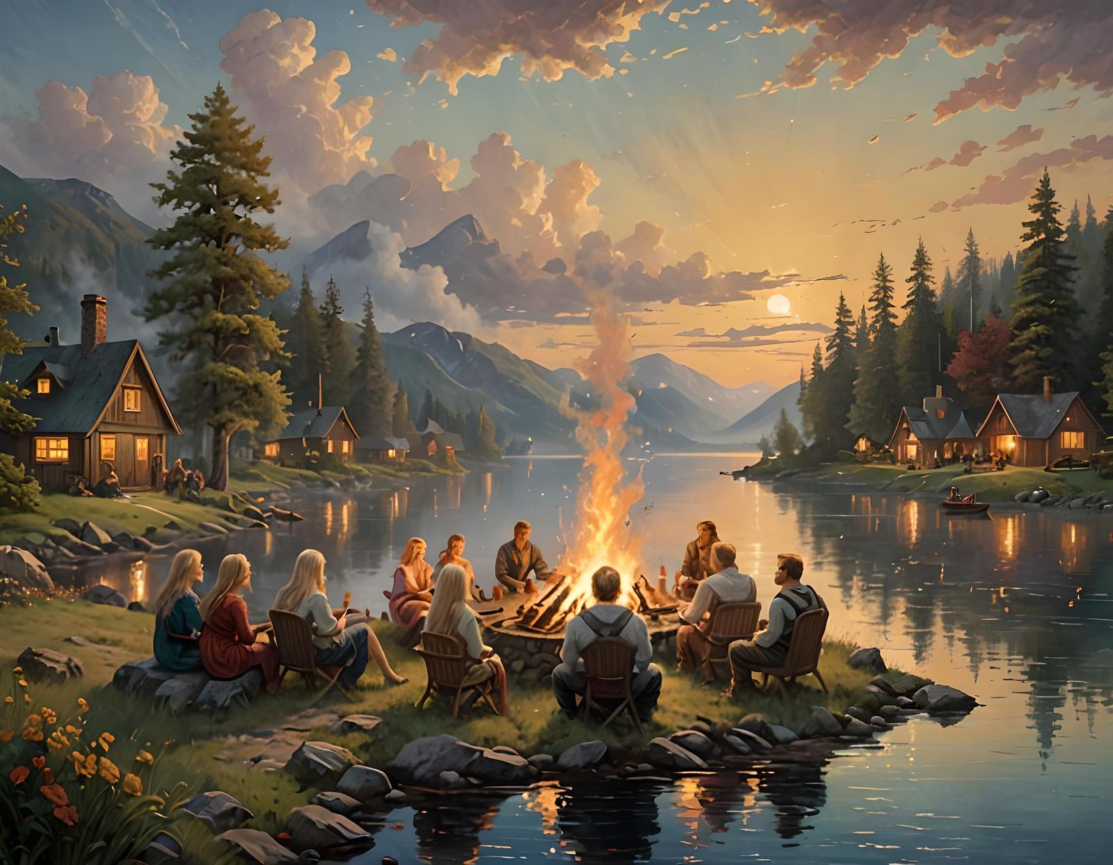 Nordic Midsummer Celebration by Lake: Oil Painting