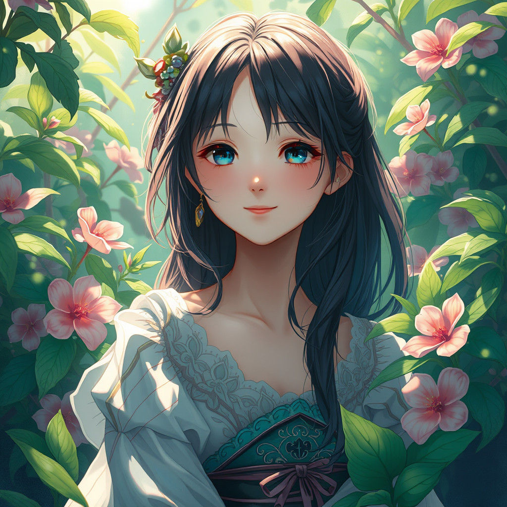 Smiling Anime Girl in Lush Fantasy Art