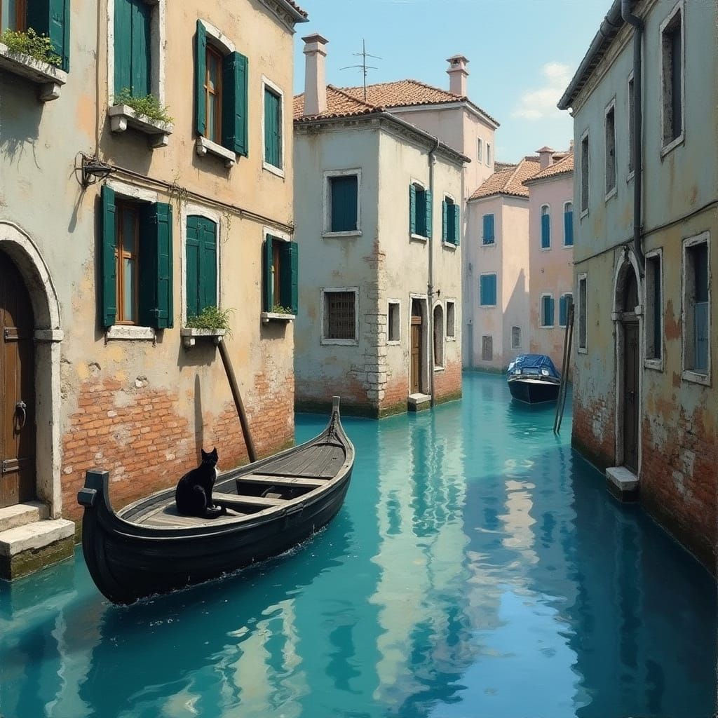 Whimsical Oil Painting of a Black Cat on a Weathered Boat