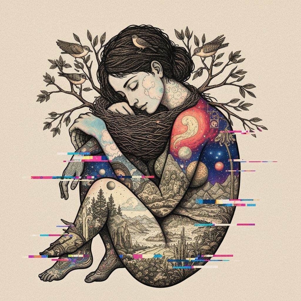 Dreamlike Glitch Art: Woman Intertwined with Nature