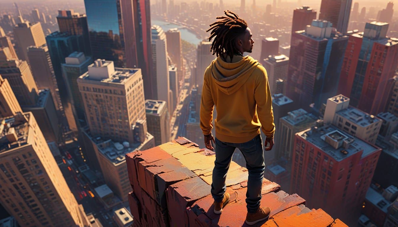 Black Male Model Overlooking City at Golden Hour