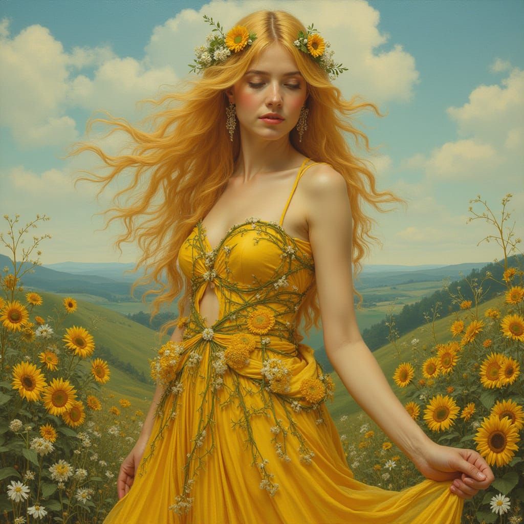 Golden Woman in Wildflower Gown: Art Nouveau Style