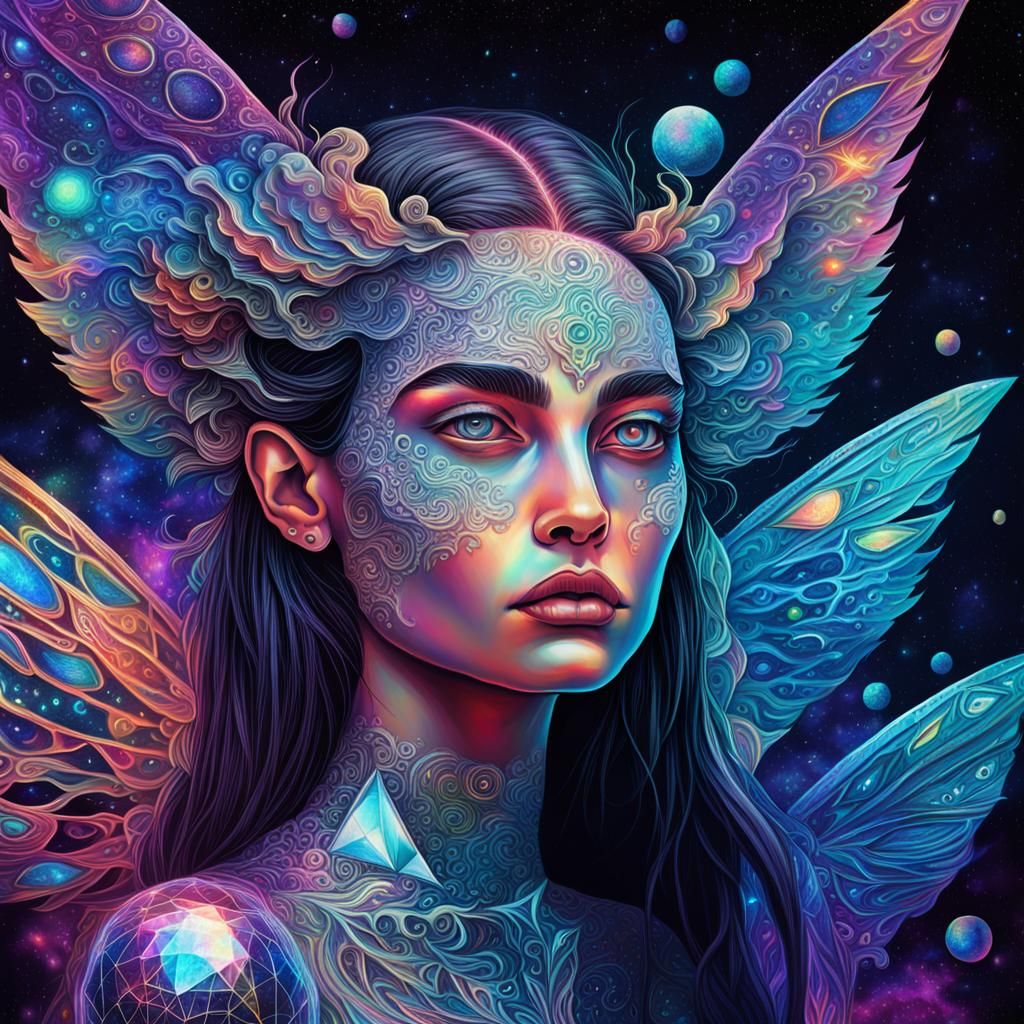 Holographic Astral Cosmic Illustration of Half-Evil Figure