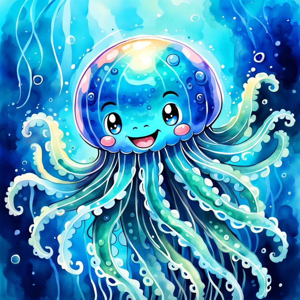 Smiling Jellyfish Character in Watercolor Cartoon Style