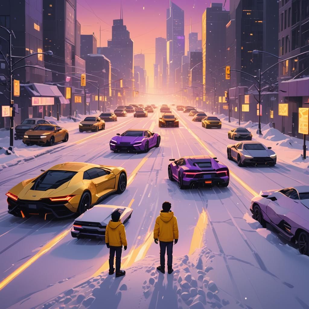 Boy on Snowy Road with Futuristic Cars