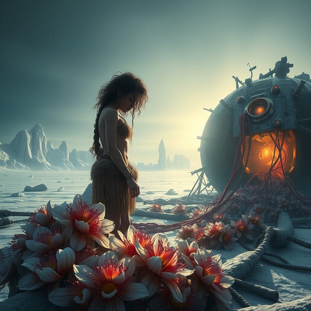 Cave Girl Contemplates Alien Landscape in a Dystopian Dreams...