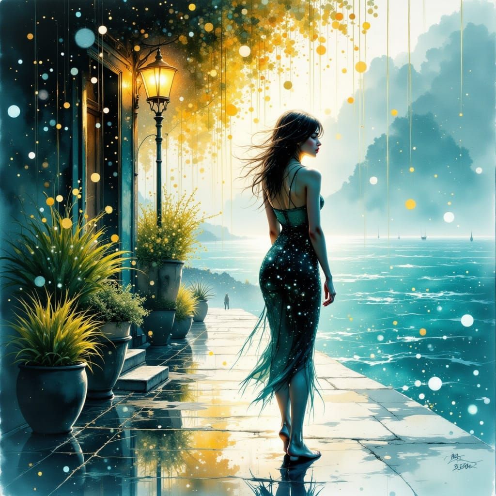 Rainy Riviera Scene in Luminous Watercolor Style