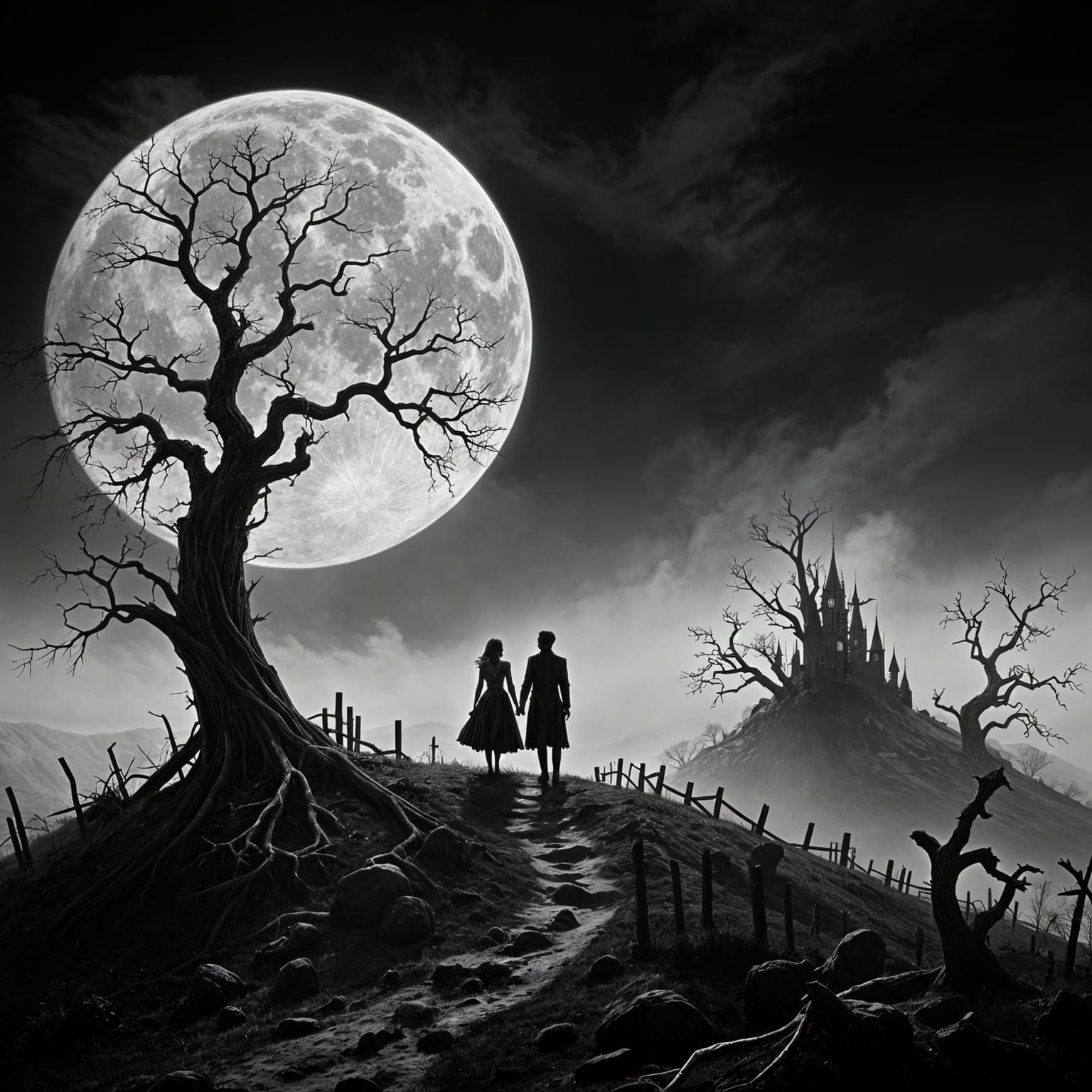Gothic Characters in Eerie Landscape, Tim Burton Style