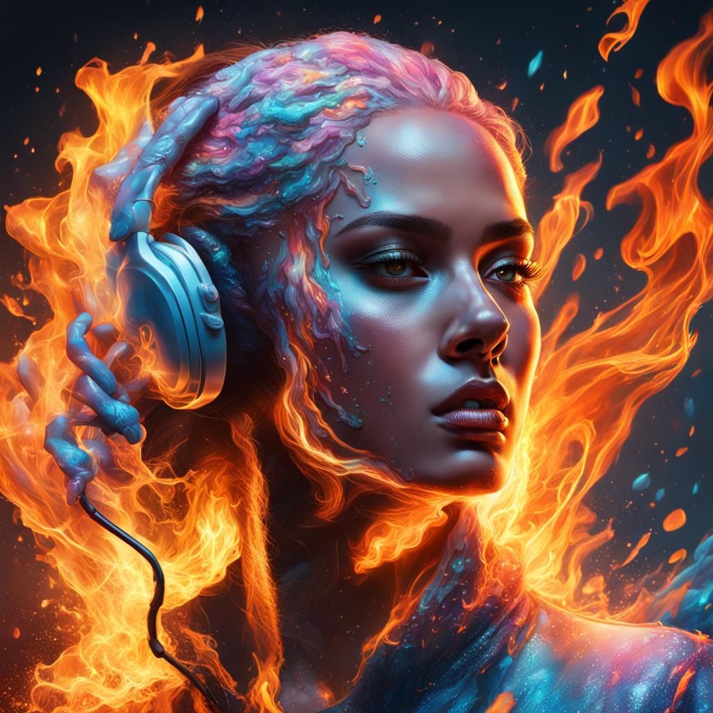 Icing and Fire Music Girl: Hyperrealistic Splash Art