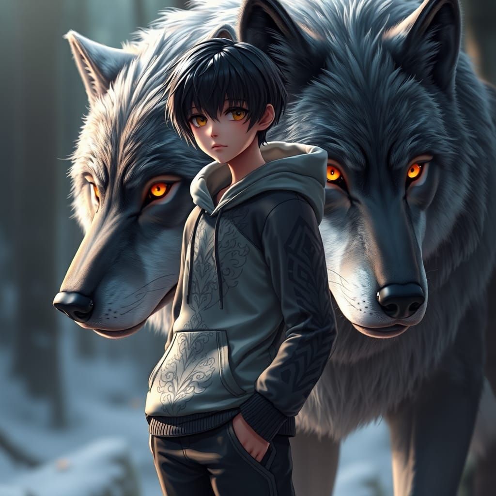 Boy and Wolf in Hyper-Realistic Anime Style