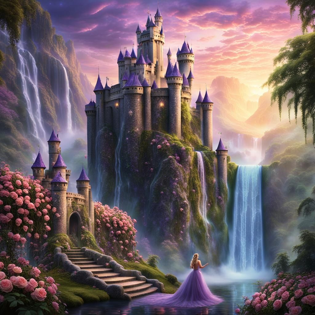 Fairy and Castle in a Rose Garden