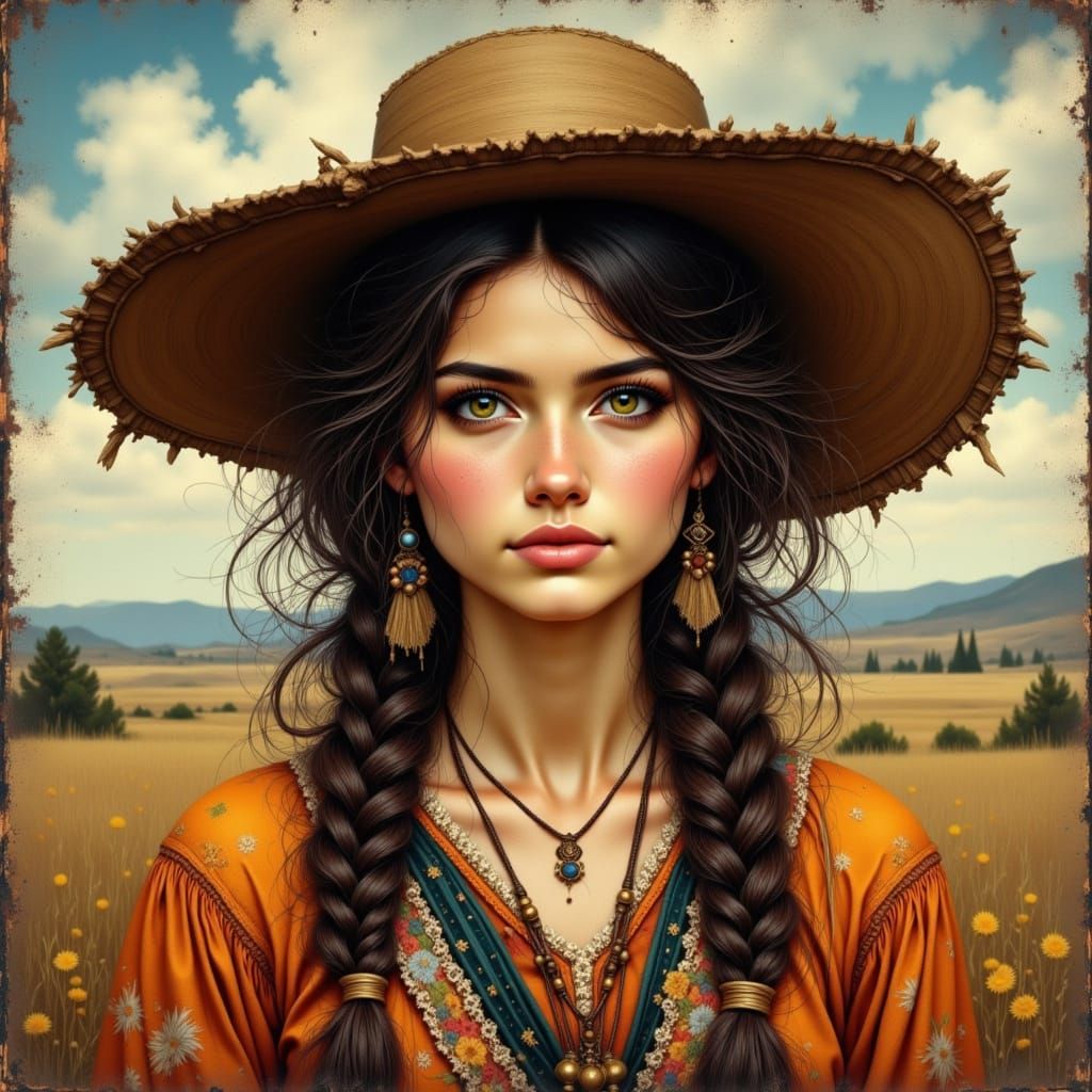 Oregon Trail Pioneer Woman Portrait in Vintage Photograph St...