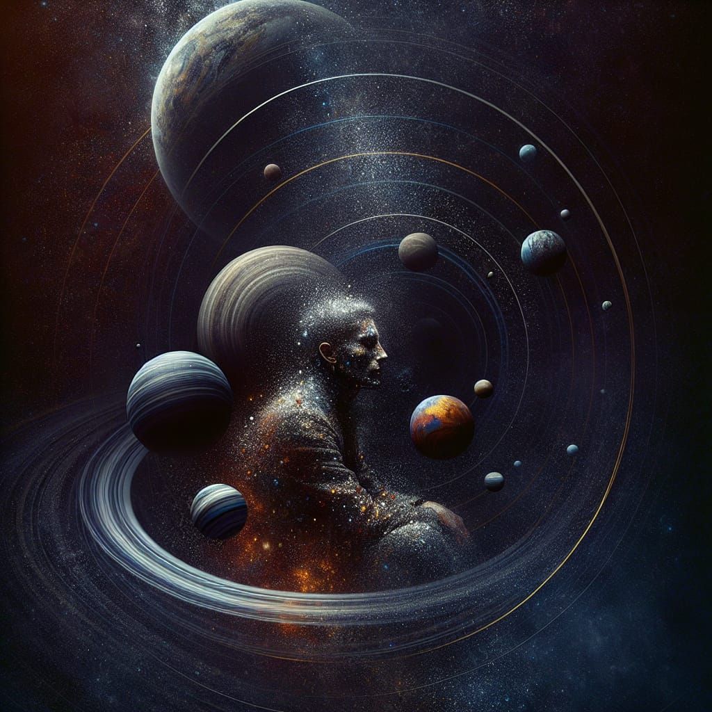 Figure Listens to Cosmic Silence Amidst Star Orbit Rings