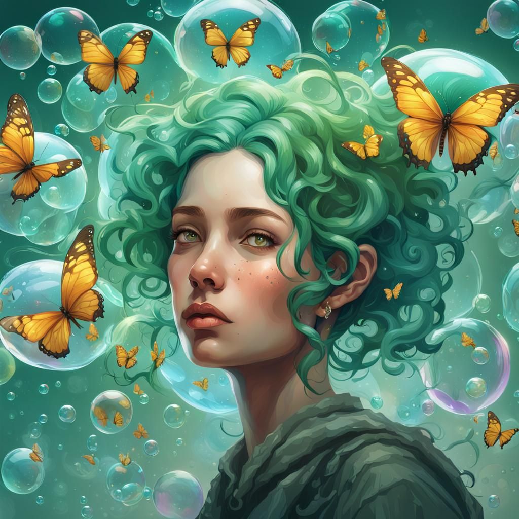Green Haired Dreamer with Floating Imaginations