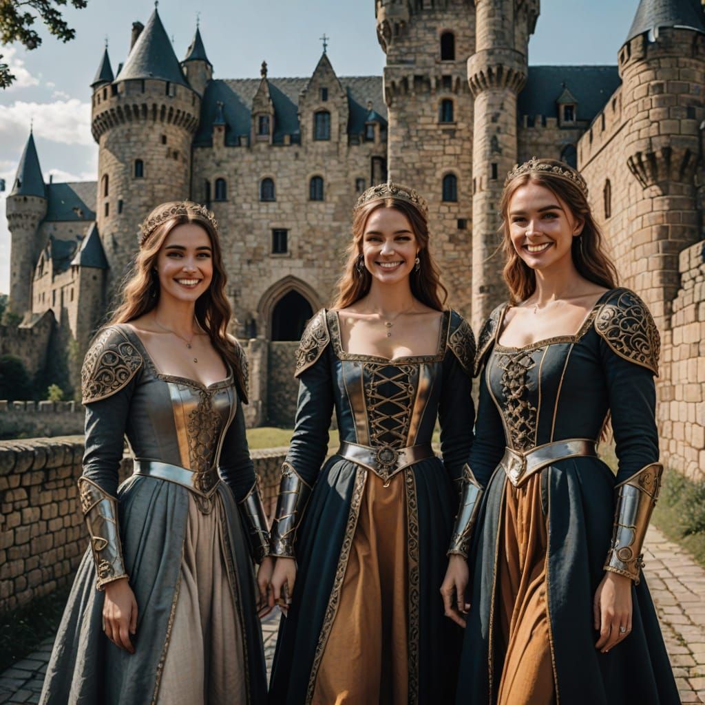 Medieval Castle with Smiling Maidens in Luminous Dresses