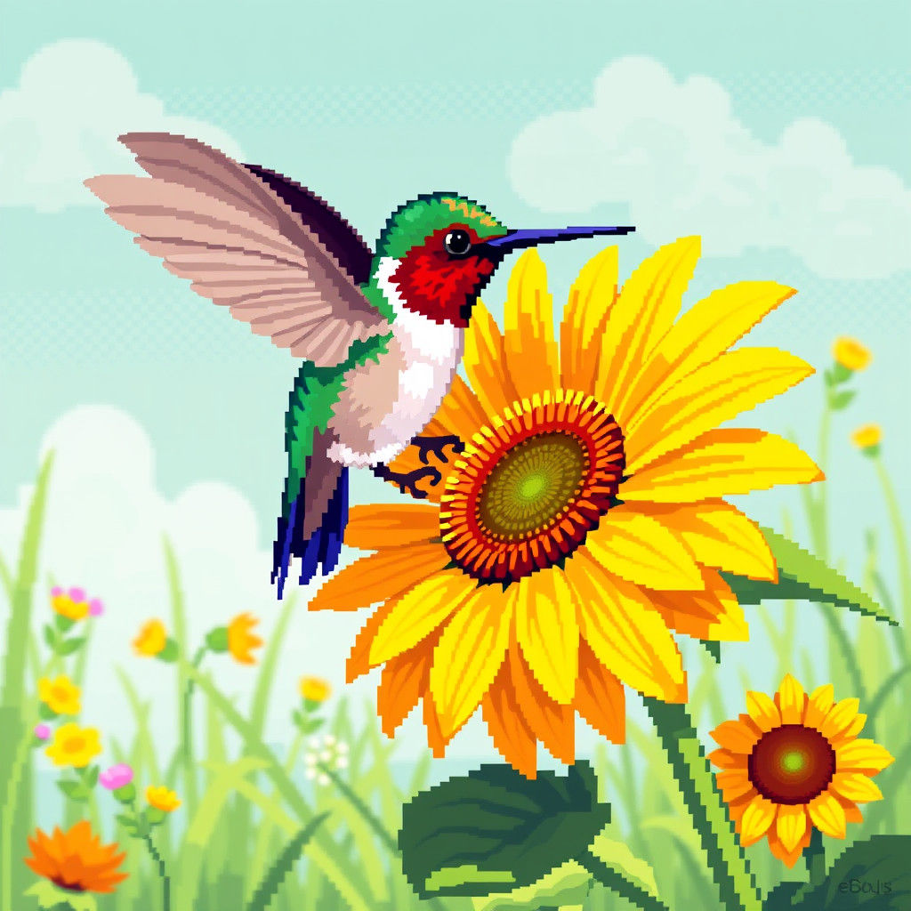 Hummingbird on Sunflower: 8-bit Pixel Art