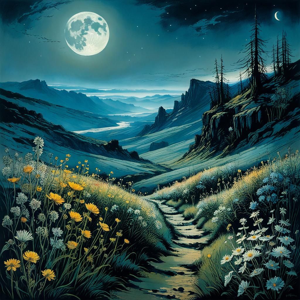 Moonlit Landscape with Wildflowers in Deep Color and Mysteri...