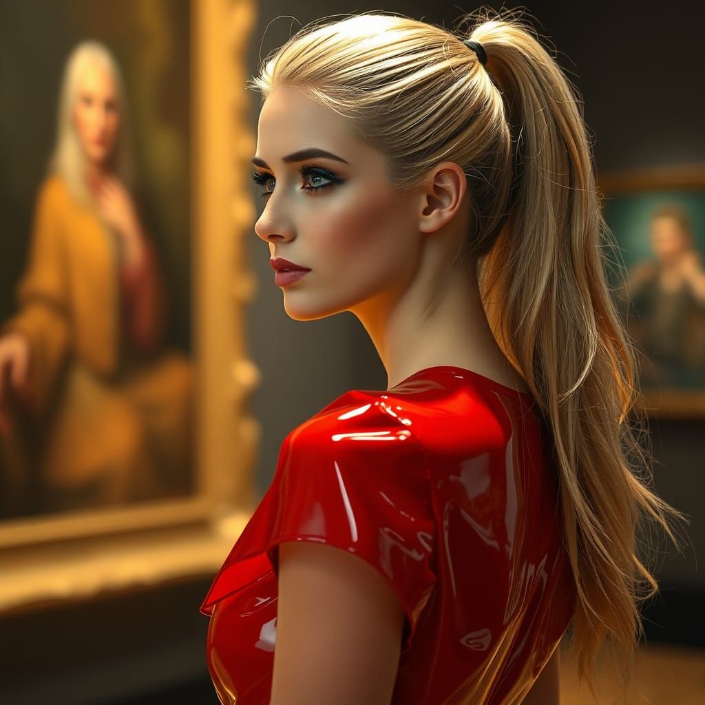 Blonde in Red PVC Dress Observes Mondrian Art