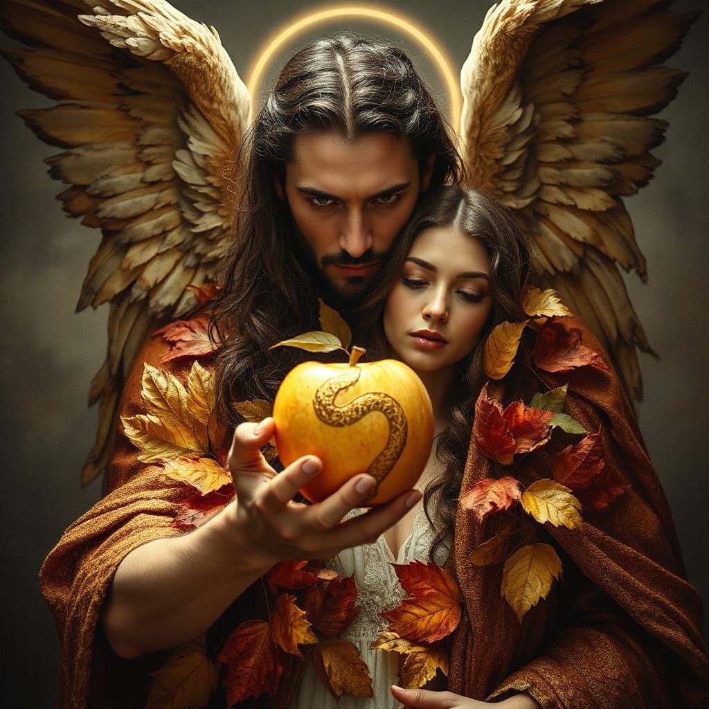 Angel of Deceit Offers Golden Apple in Autumnal Landscape