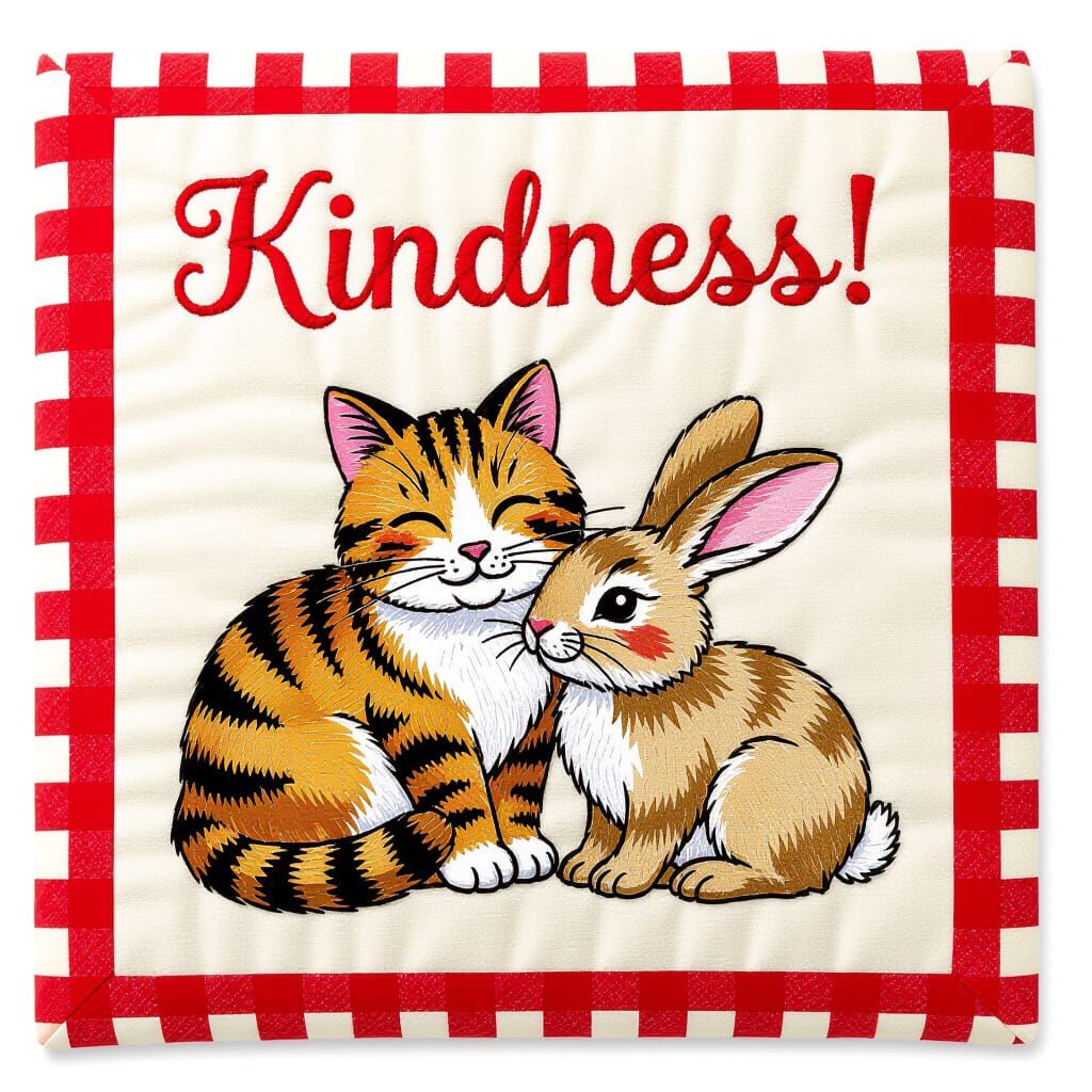 Embroidered Quilt Square: Cat and Rabbit Kindness Scene