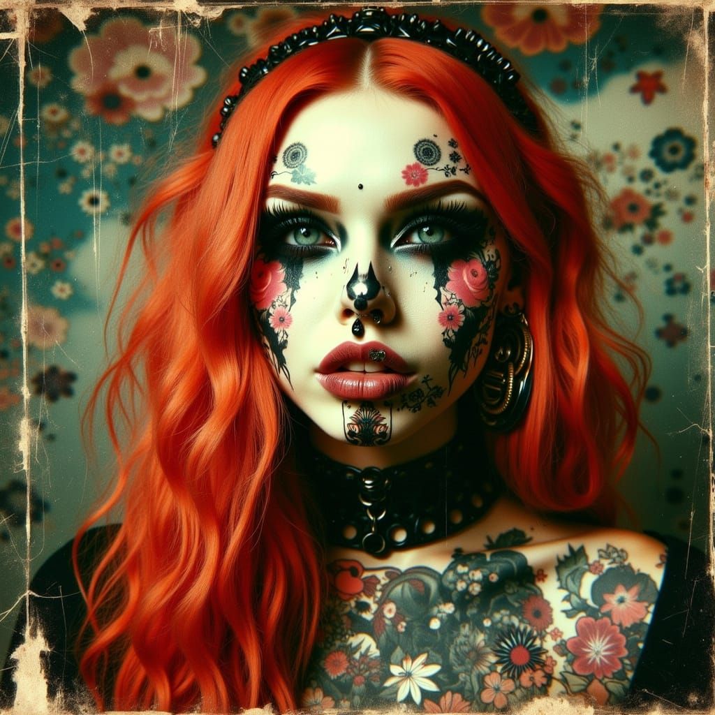 Gothic Woman with Red Hair in Grunge Style