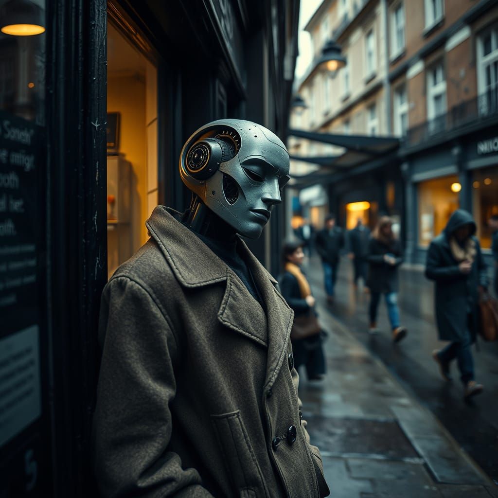 Android Sleeping Rough in Rainy London Street