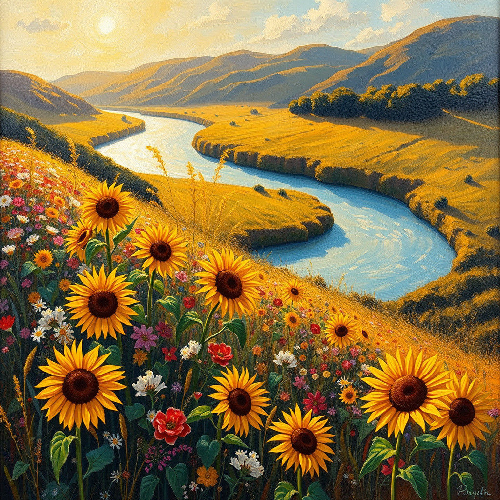 Floral Field with Sunflowers in Van Gogh Style
