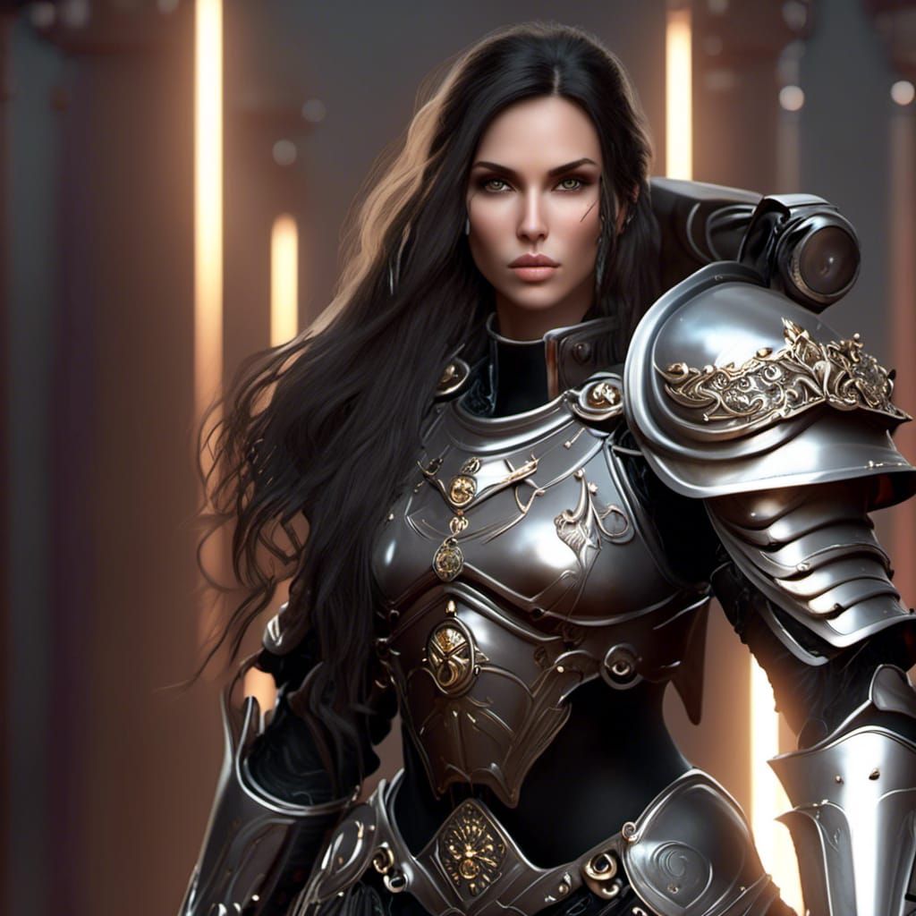 Female Warrior in Decorated Power Armor with Polearm