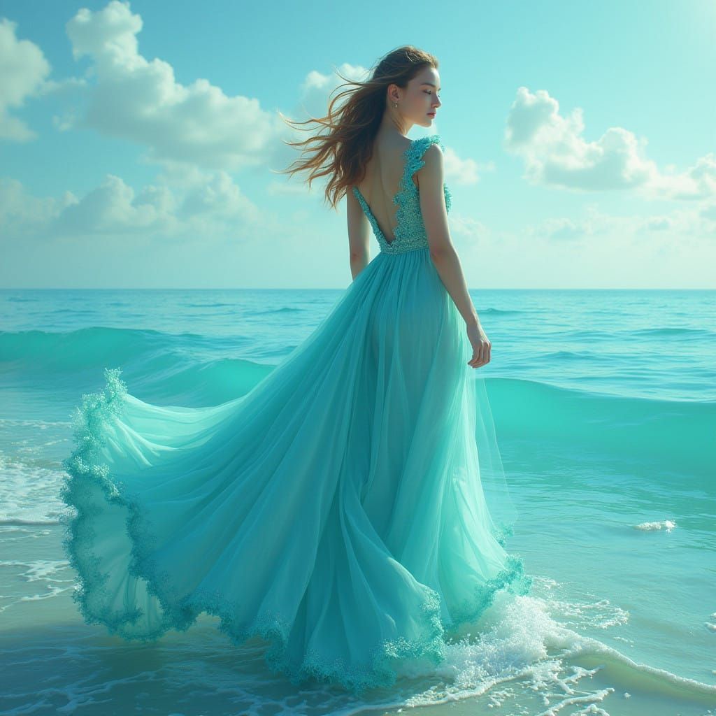Dreamlike Oceanic Landscape with Ethereal Maiden