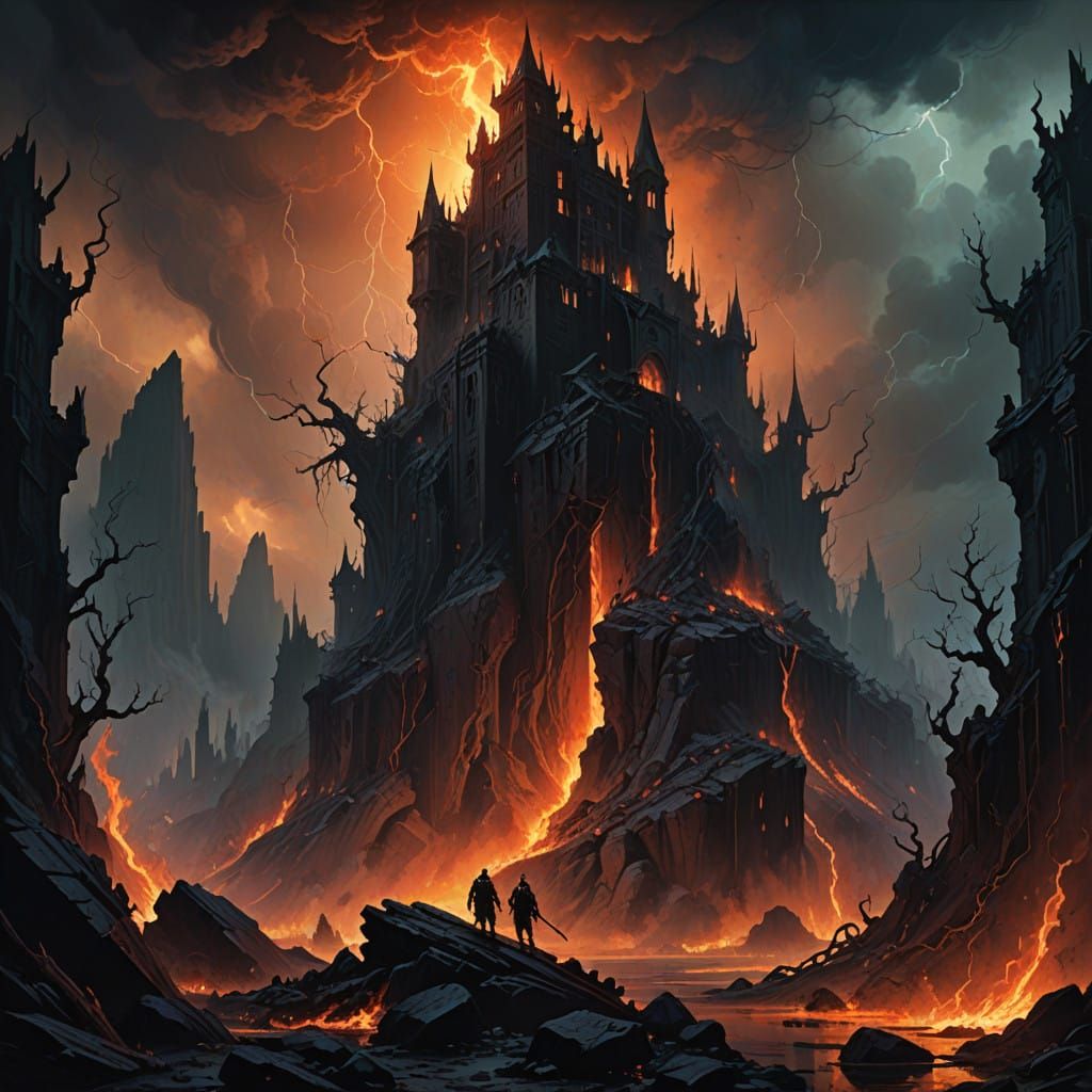 Demonic Battle on a Foreboding Mountain Peak in Dark Fantasy...