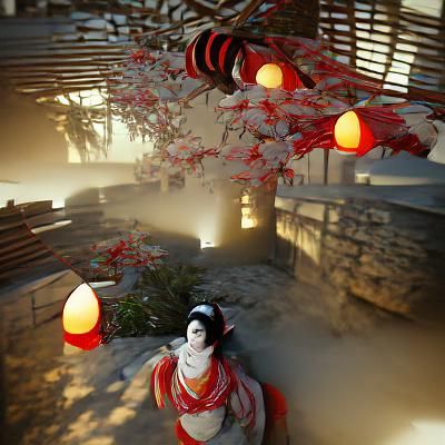 Geisha at Temple with Volumetric Lighting