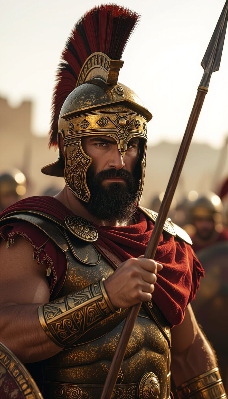 Mediterranean Warrior with Golden Helmet in Battle Scene