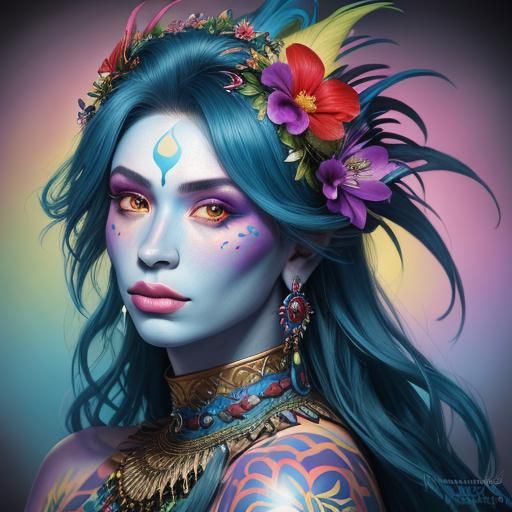 Rainbow Dragon Woman Portrait with Flower Crown