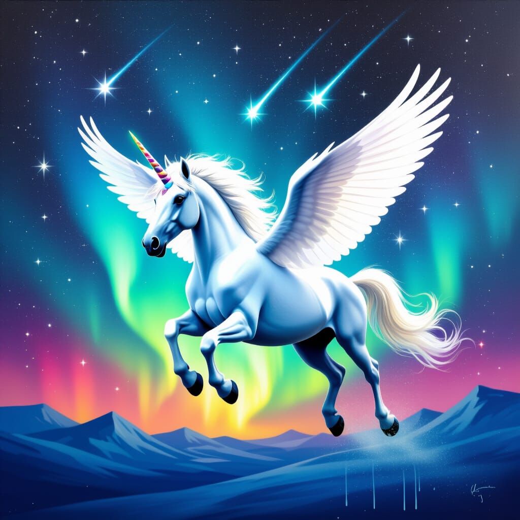 White Unicorn Soars Through Aurora Borealis Sky