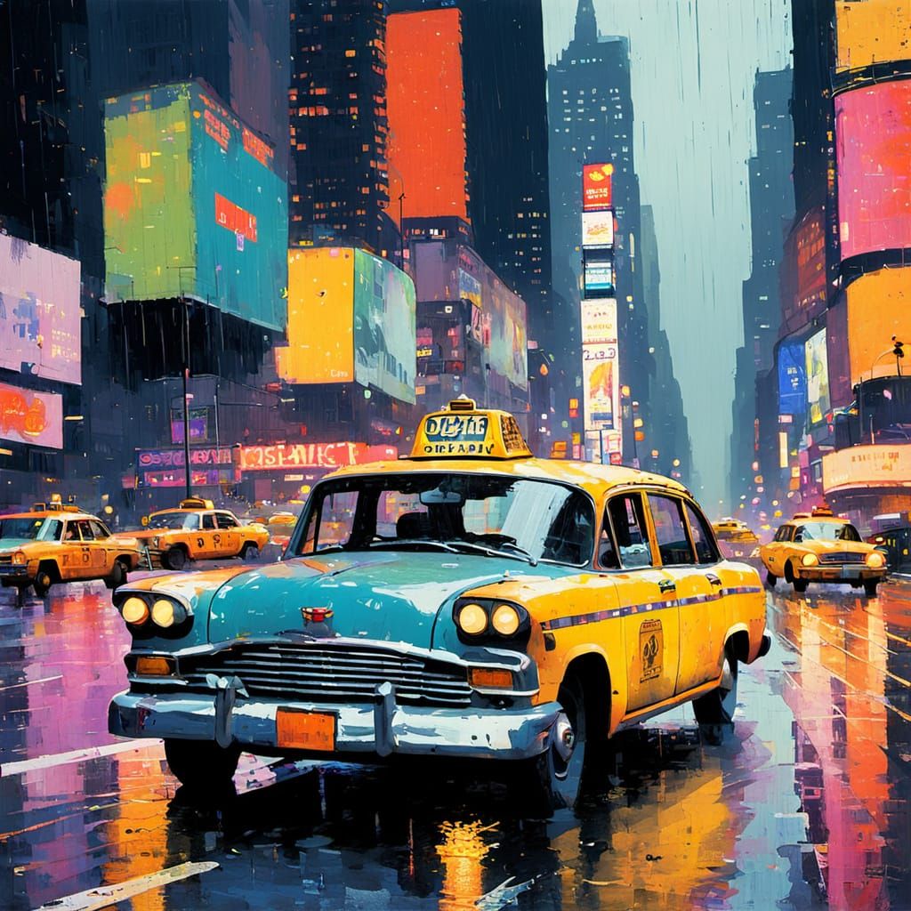 Rainy Night Taxi in Times Square