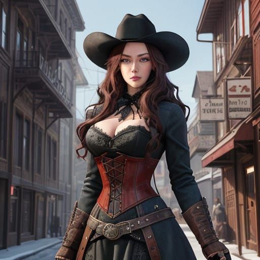 Cowboy and Curly Redhead amidst Grey Wolves in the Wild West