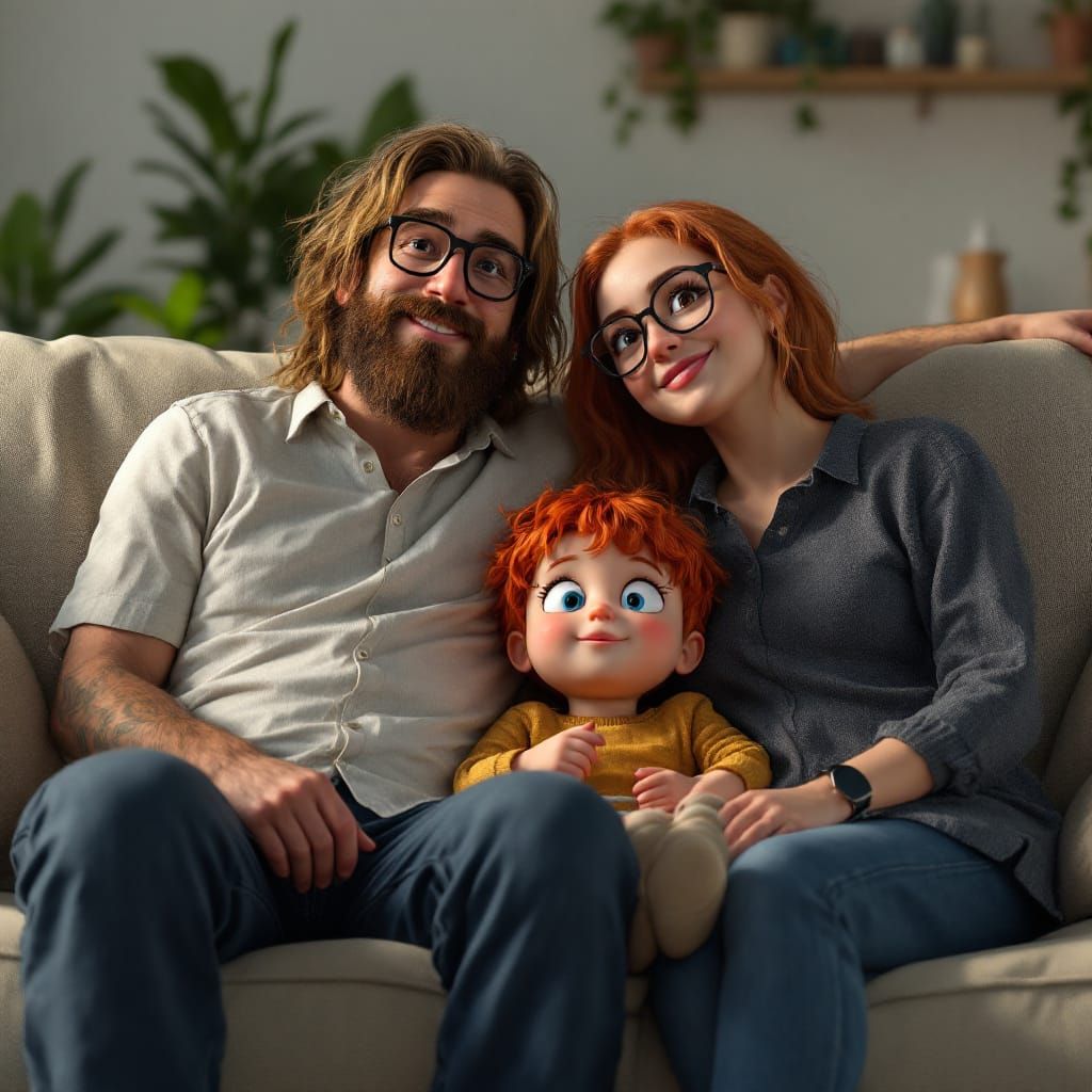 Family Watching TV as Detailed 3D Anime Art