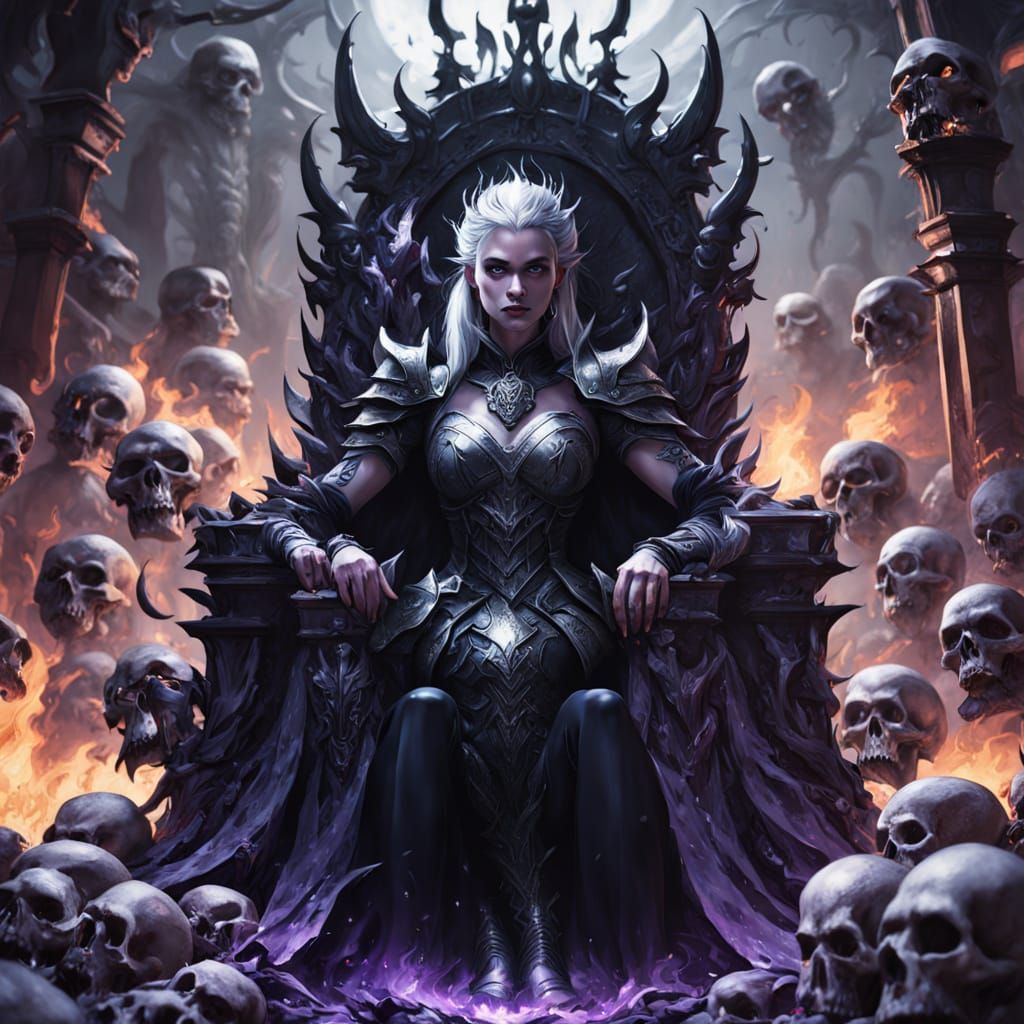 Drow Warrior Queen on Skull Throne, Dark Fantasy Art